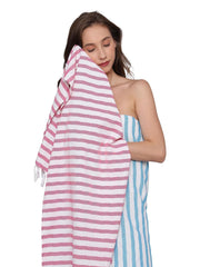 Patvy Bath Towels 490 Gsm | Light Weight Turkish Style Stripe Bath Towels For Men & Women Large Size (Rose & Teal Blue)- Pack Of 2