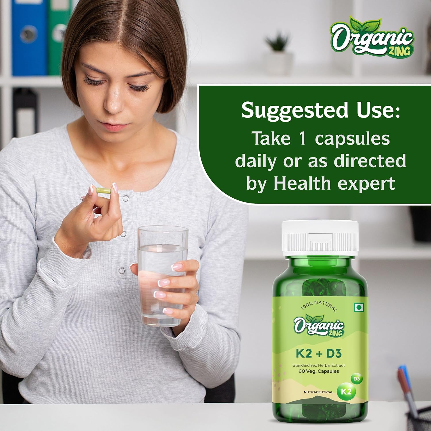 Organic Zing Vitamin K2 (Mk7) With D3 Supplement Made With Bioperine Black Pepper Extract, Non Gmo | 60 Capsules , 100gm 0.2lbs