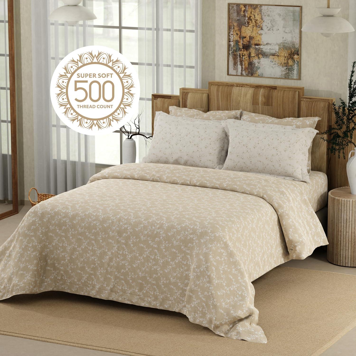 Cotton King Size Bedsheet With 4 Pillow Covers - Size 107 X 107 Inches, Beige & White | Light Weight & Breathable, Bedsheets Safe & Comfortable For Every Season