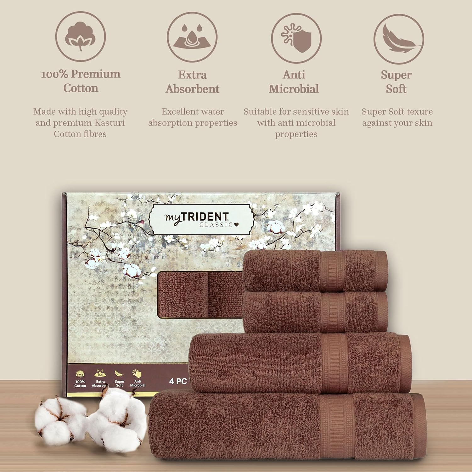 Mytrident Classic Kasturi Collection 1 Bath + 1 Small Bath & 2 Hand Towels 1200 Gsm | Highly Absorbent Towels For Bath - Willow Wood (Set Of 4)