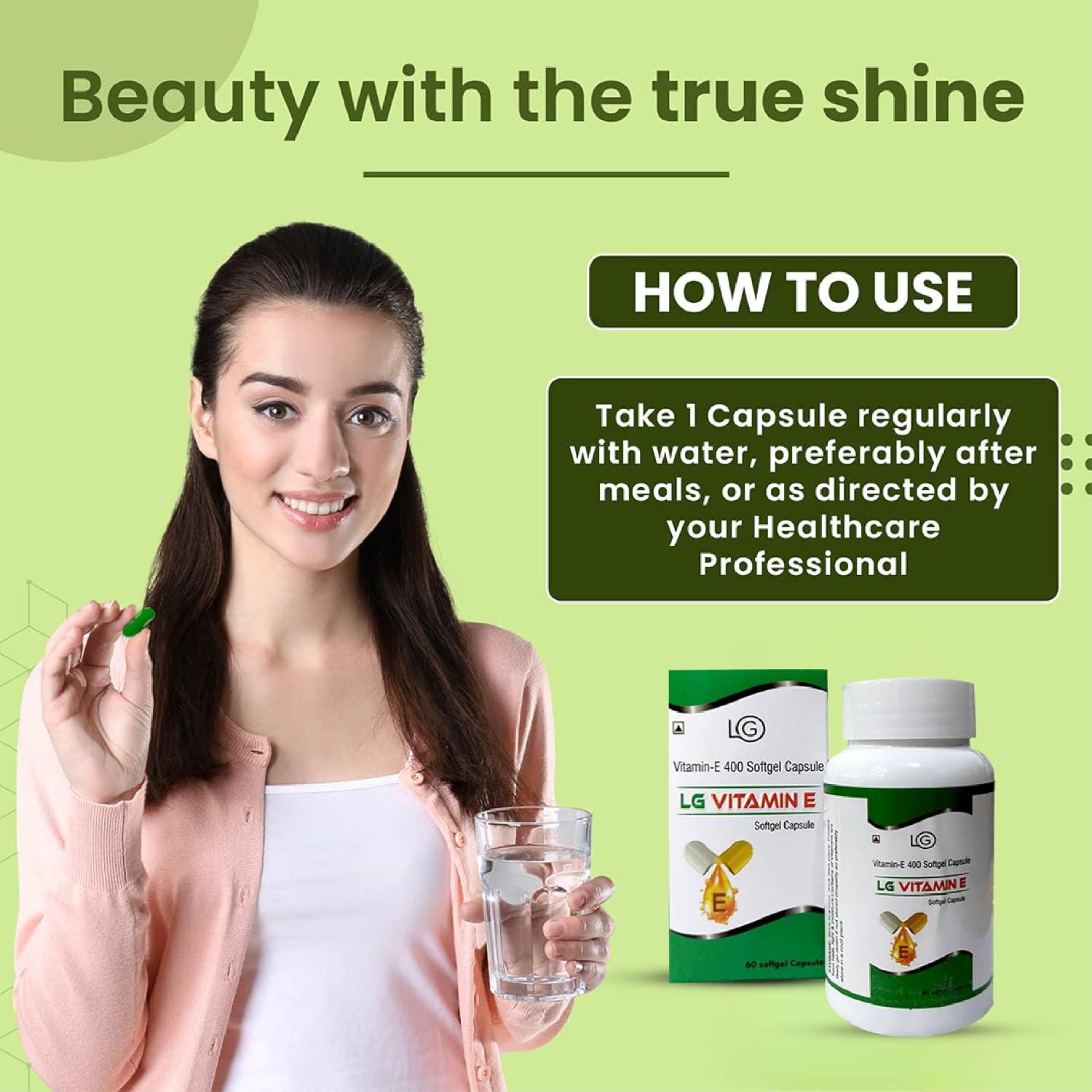 LG Vitamin E 400mg Capsules For Face And Hair 100% Natural , Glowing Face, Healthly Skin And Hair Nutrition | 60 Softgel , 100gm 0.2lbs
