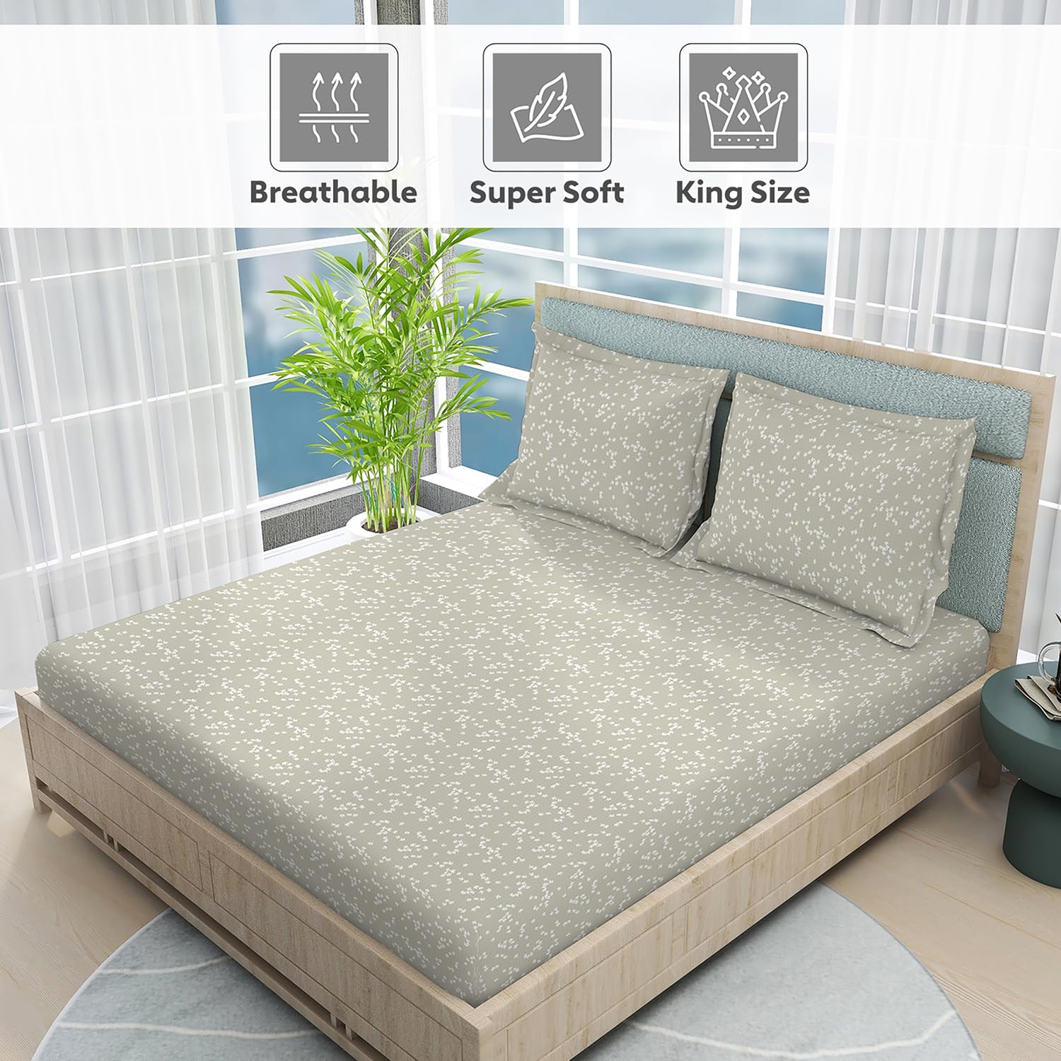 100% Cotton King Size Double Bedsheet Set With 2 Pillow Covers - 108 X 108 Inches, Grey | Good For Villas, Resorts, Guest Houses, & Daily Home Use
