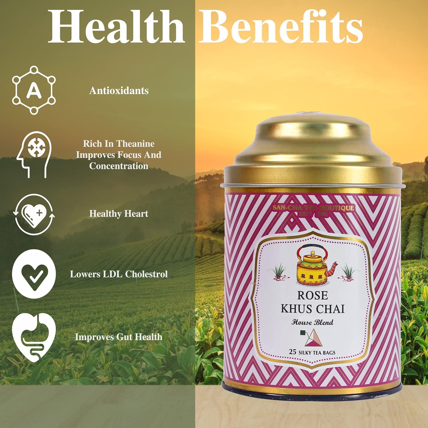 San-Cha Rose Khus Chai House Blend - 25 Silky Tea Bags | Royal Famous Masala Chai Blend - 100% Biodegradable Tea Bags | Plastic Free Tea Bags, Medium Caffeine