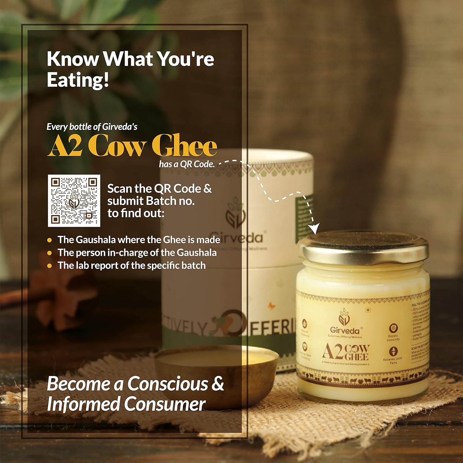Natural A2 Cow Ghee By Girveda | Natural & Healthy Gir Cow Cultured Desi Ghee Good For Heart Health | (200ml) 6.7 Ounce | Jar Pack