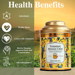 San-Cha Tea Boutique Turmeric Masala Chai - 100gm, 3.5 Ounce | Indian Superfood Blend Wellness Drink - Anti Inflammatory Golden Milk Tea | Medium Caffeine Loose Leaf Tea