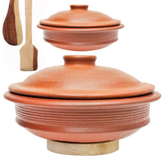 Deep Burned Uncoated Clay Pot Or Mitti Handi With Lid Combo + 2 Wooden Spatulas Complimentary Pack Of 2 - Red, 1+3 Liters | Pre-Seasoned Mud Pot - Unglazed, Double Fired, Hand Crafted