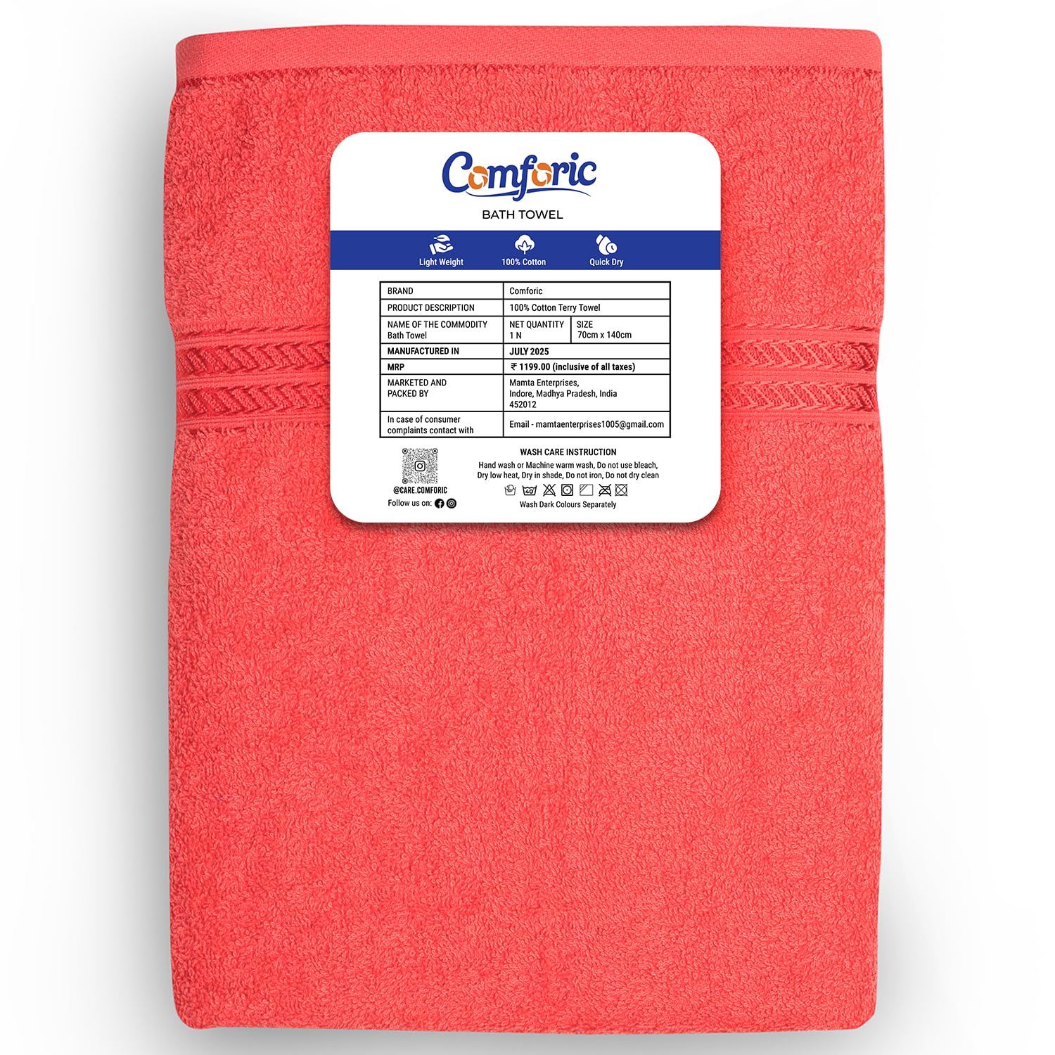 Comforic 100% Cotton Bath Towels 500 Gsm | Large Size Bath Towel For Men & Women Quick Dry, Super Soft & Absorbent Gym Towel, Travel Towel (Watermelon)