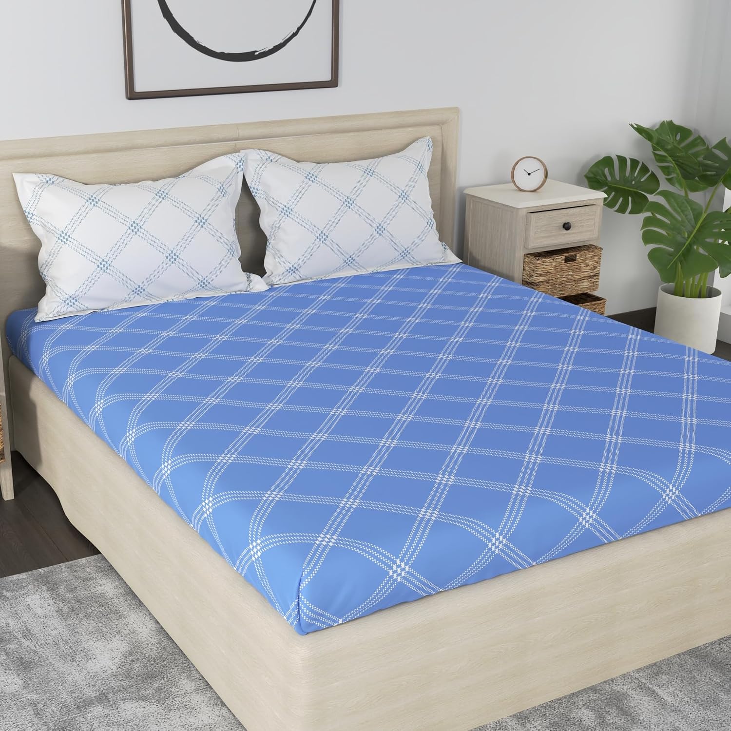 Cotton 210 TC Premium Queen Size For Bedsheet With 2 Pillow Covers - 88 X 100 Inches, Blue & White | All Weather Comfort & Bedroom - Softness & Natural Breathability