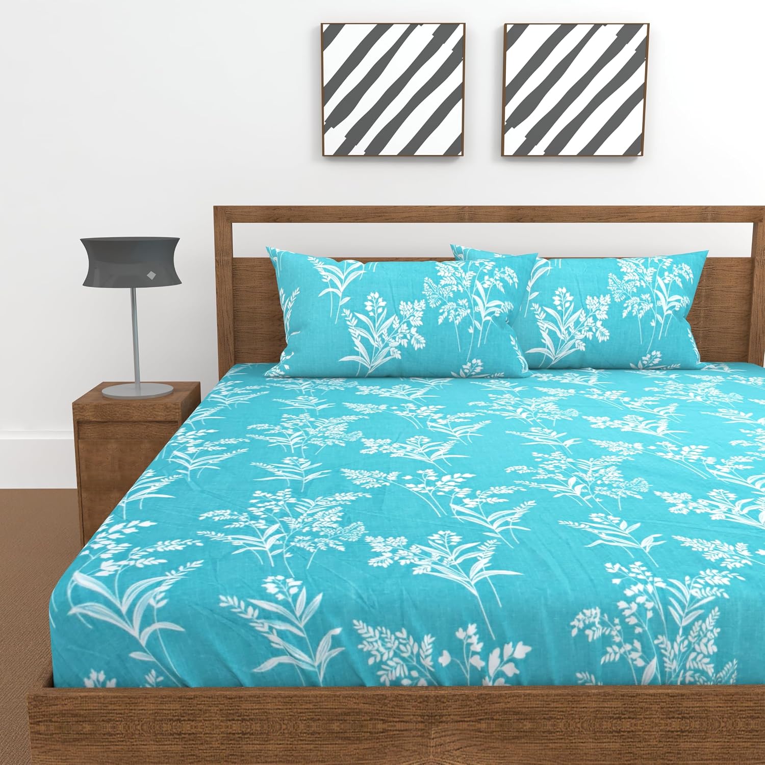 King Size Double Bedsheet With 2 Pillow Covers For Home - 72 X 72 Inches, Aquamarine Blue | Elastic Fitted Bedsheet With Deep Pocket Cotton Bedsheet - Soft, Breathable & Wrinkle-Resistant
