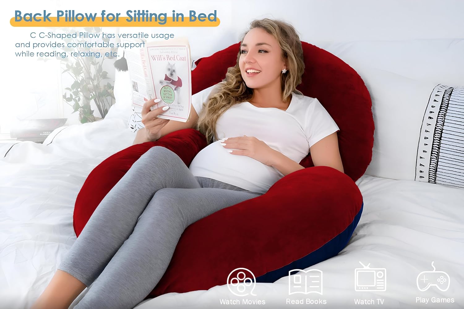 C Shaped Pillow, Pregnancy Pillow For Maternity & Baby Nursing - Dark Blue & Maroon | Pregnant Women Stomach, Spine, Neck Support, Velvet Outer Cover With Zip, Adjustable, Full Body Pillow