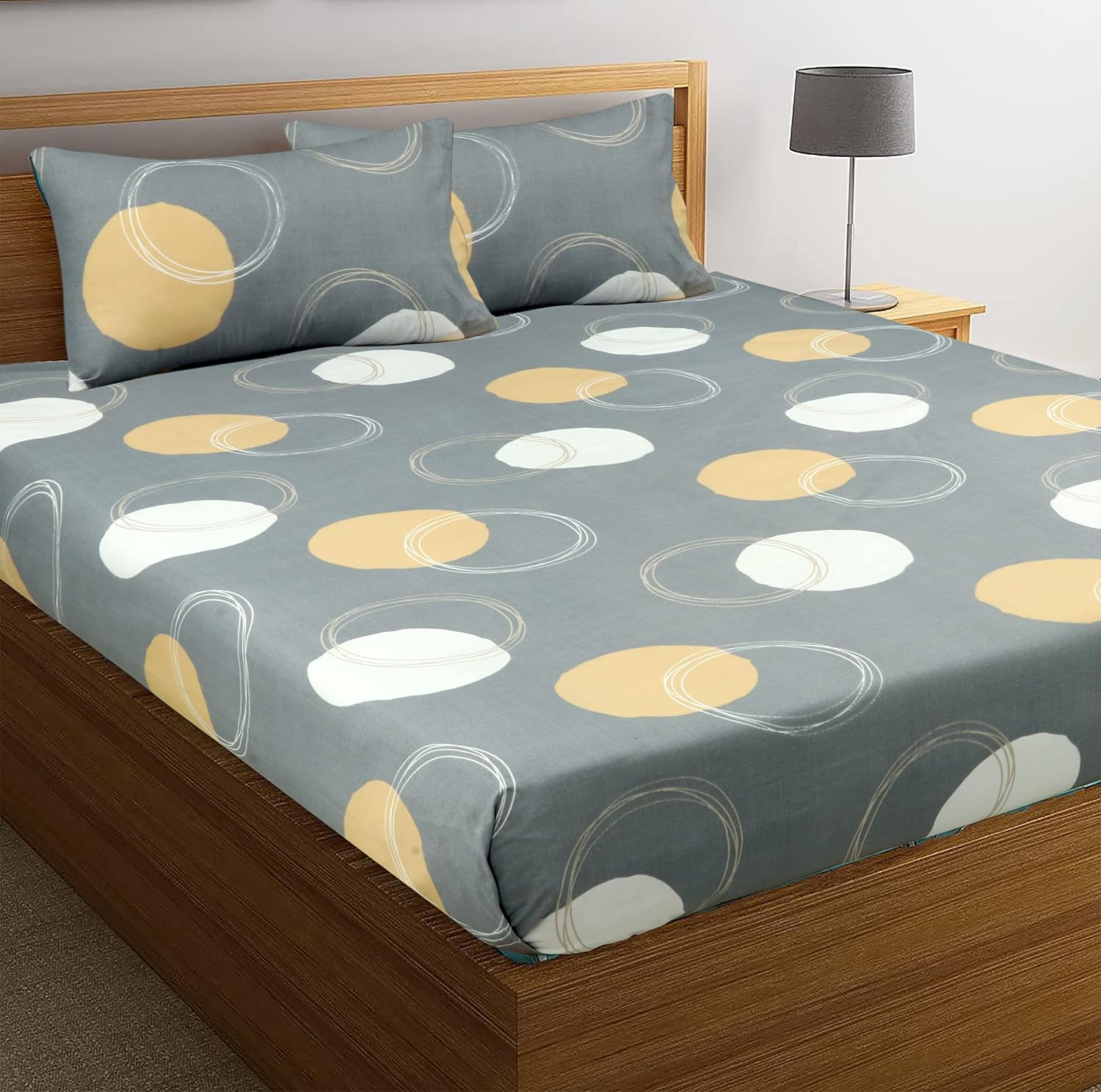 Double Bedsheet With 2 Matching Pillow Covers Set | 72 X 78+10 Inches, Grey - Designer Printed Bedsheet Set | Perfectly Styled & Coordinated Look Bedsheet