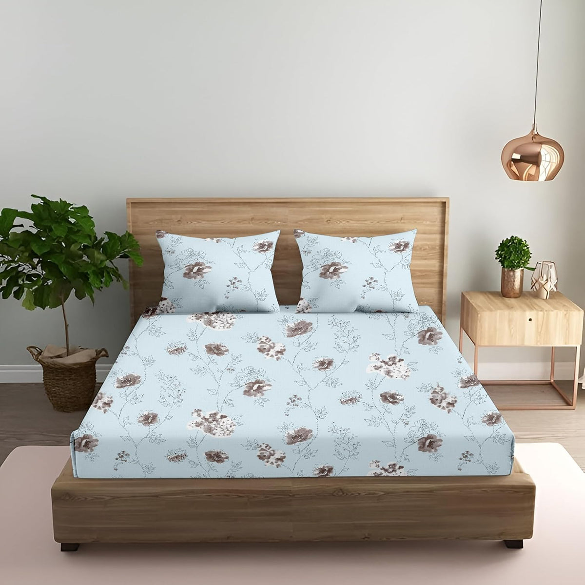 King Size Fitted Bedsheet With 2 Large Pillow Covers - 108 X 108 Inches, Sea Blue | Soft, Breathable & Durable | Wrinkle Resistant