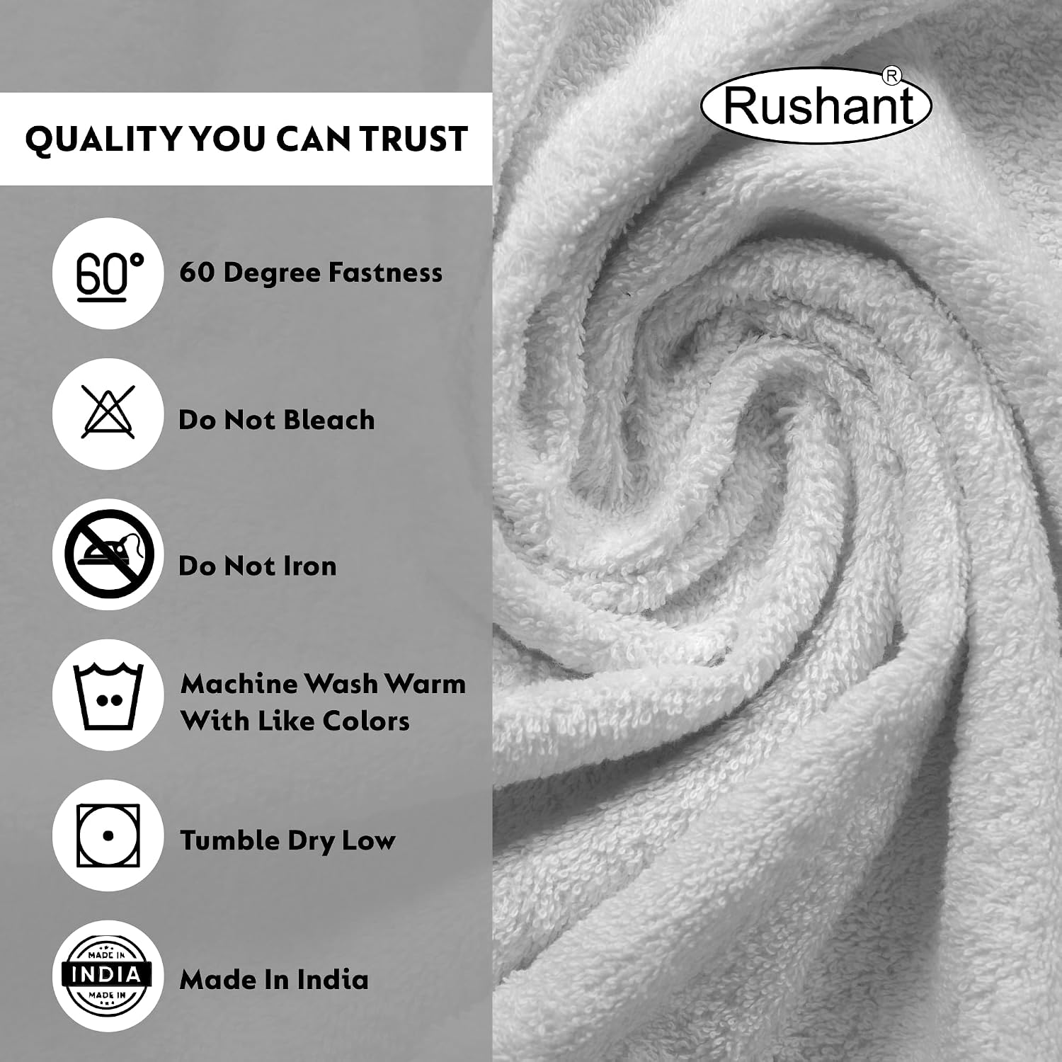 Rushant 100% Combed Cotton Hand Towels 900 Gsm | Ultra Soft, Quick Dry & Super Absorbent For Home, Gym & Travel (White) - Set Of 6