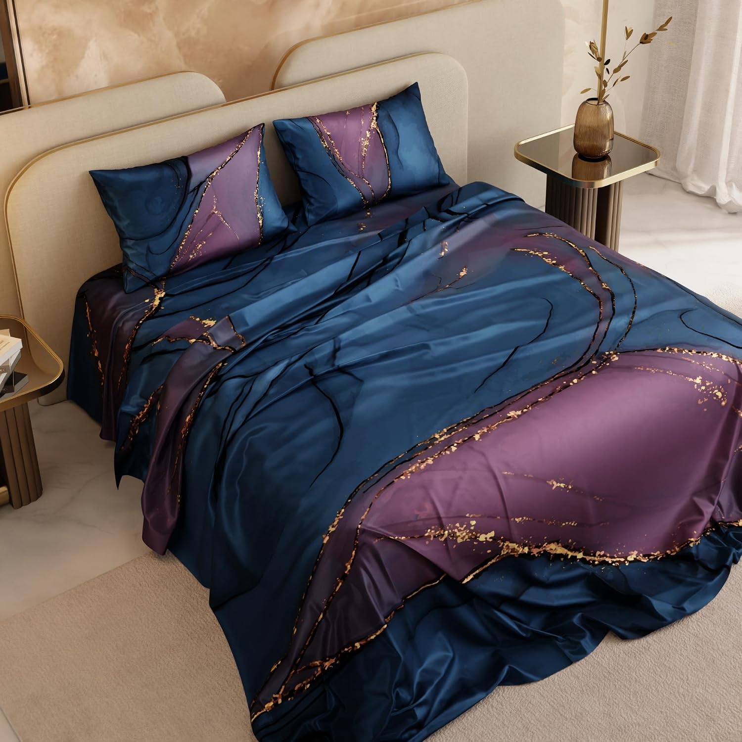 Bedsheet For Super King Size Bed With 2 Matching Pillow Cover - 108 X 108 Inches, Indigo & Purple | Ideal For Healthy Skin & Hair | 100% Premium Fabric Is Lightweight, Soft & Comfortable