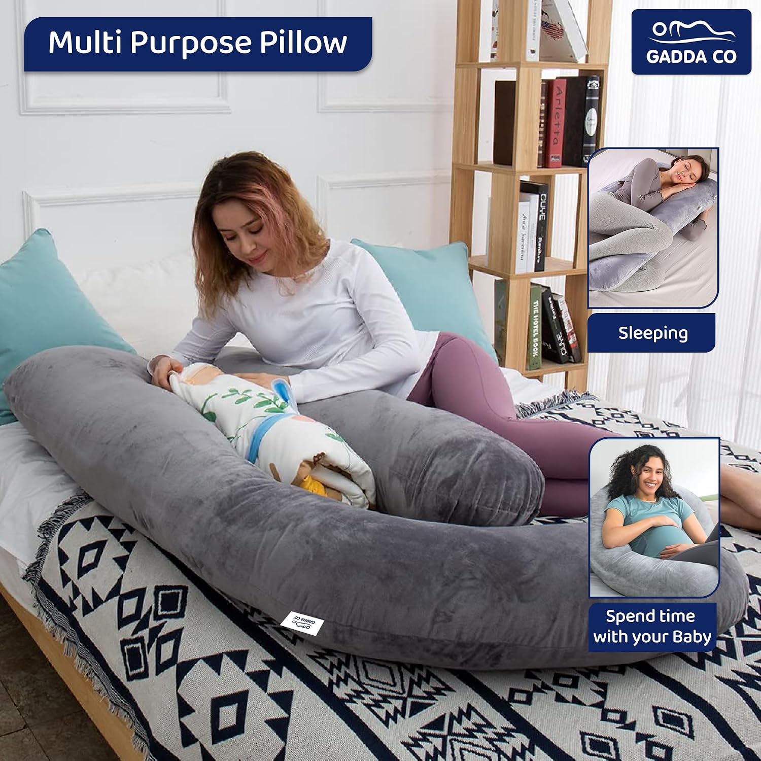 Pregnancy Pillows For Sleeping, J-Shape, Full Body Pillow & Maternity Support, Grey | For Back, Hips, Legs, Belly | For Pregnant Women With Removable, Washable Velvet Cover, Soft Pillow