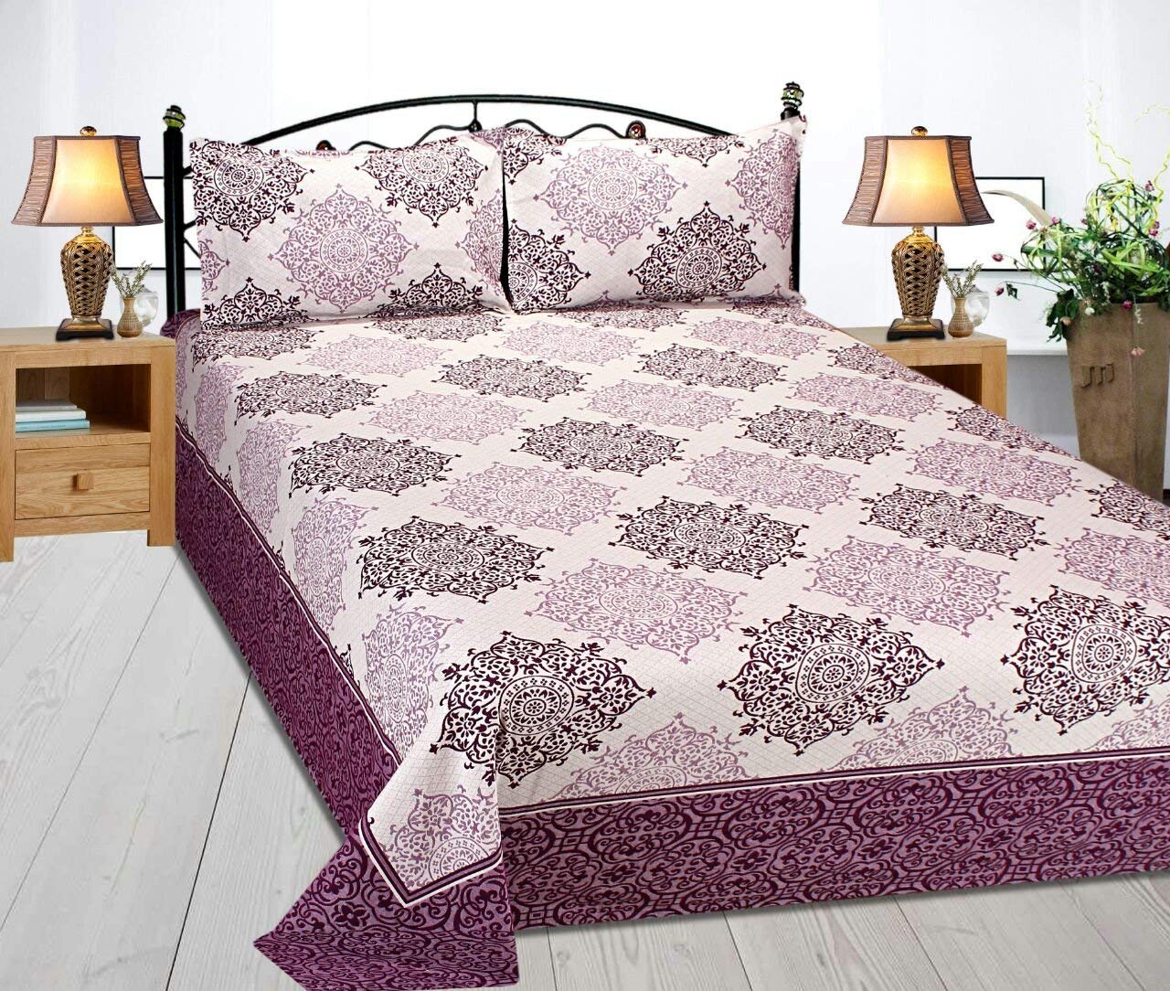 Double Bedsheet With 2 Pillow Cover - Size 90 X 100 Inches, Deep Purple | Designer Printed Bedsheet Set - Naturally Soft, Breathable, & Skin Friendly