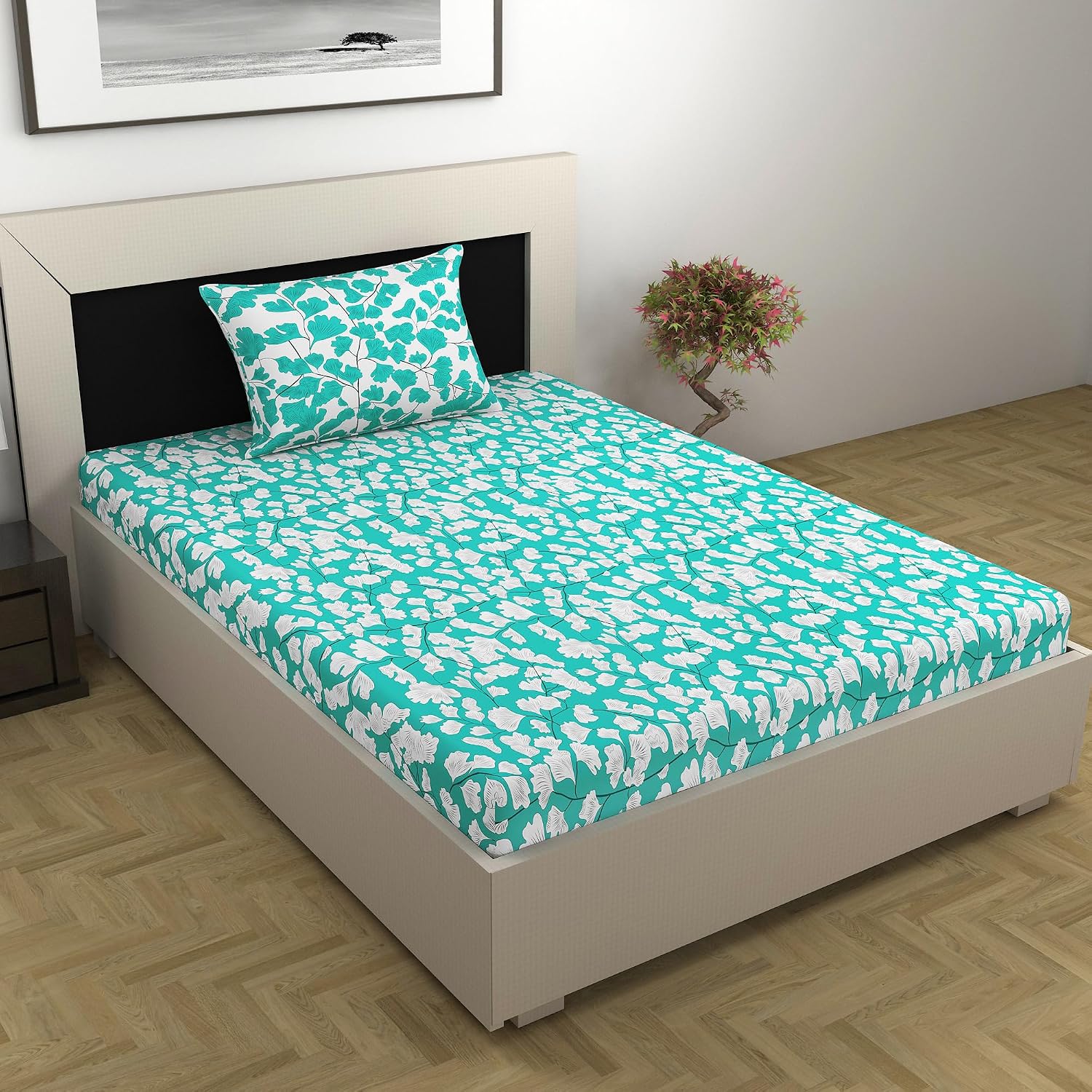Bedsheet For Single Size Bed With 1 Pillow Cover - 57 X 87 Inches, Teal & White | Gifts For Wedding Or Anniversary, Surprise, Soft, Breathable, & Comfortable Bedsheet