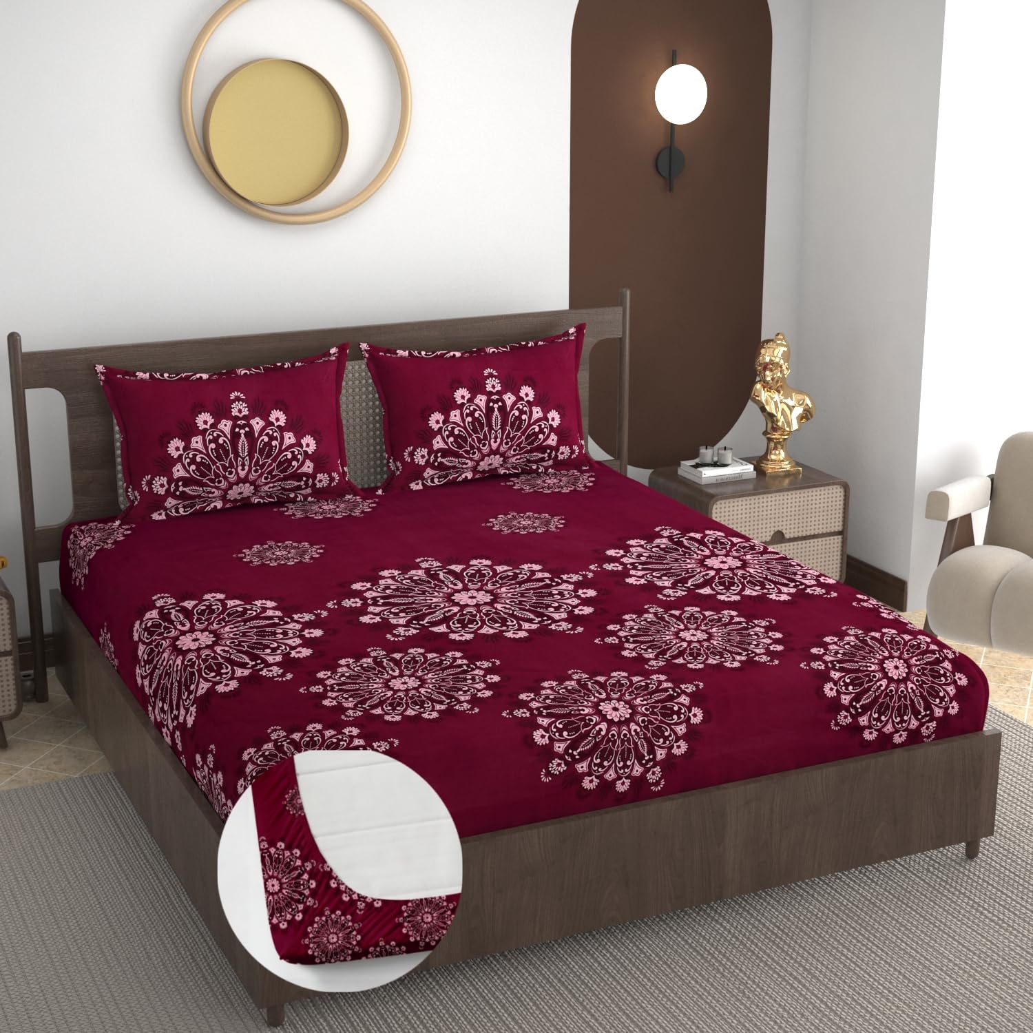 Double Bedsheet For Queen Size With Tow Pillow Cover - 72 X 72 Inches, Maroon | All Around Elastic Fitted Breathable & Durable, Soft Touch & Perfect For All Seasons