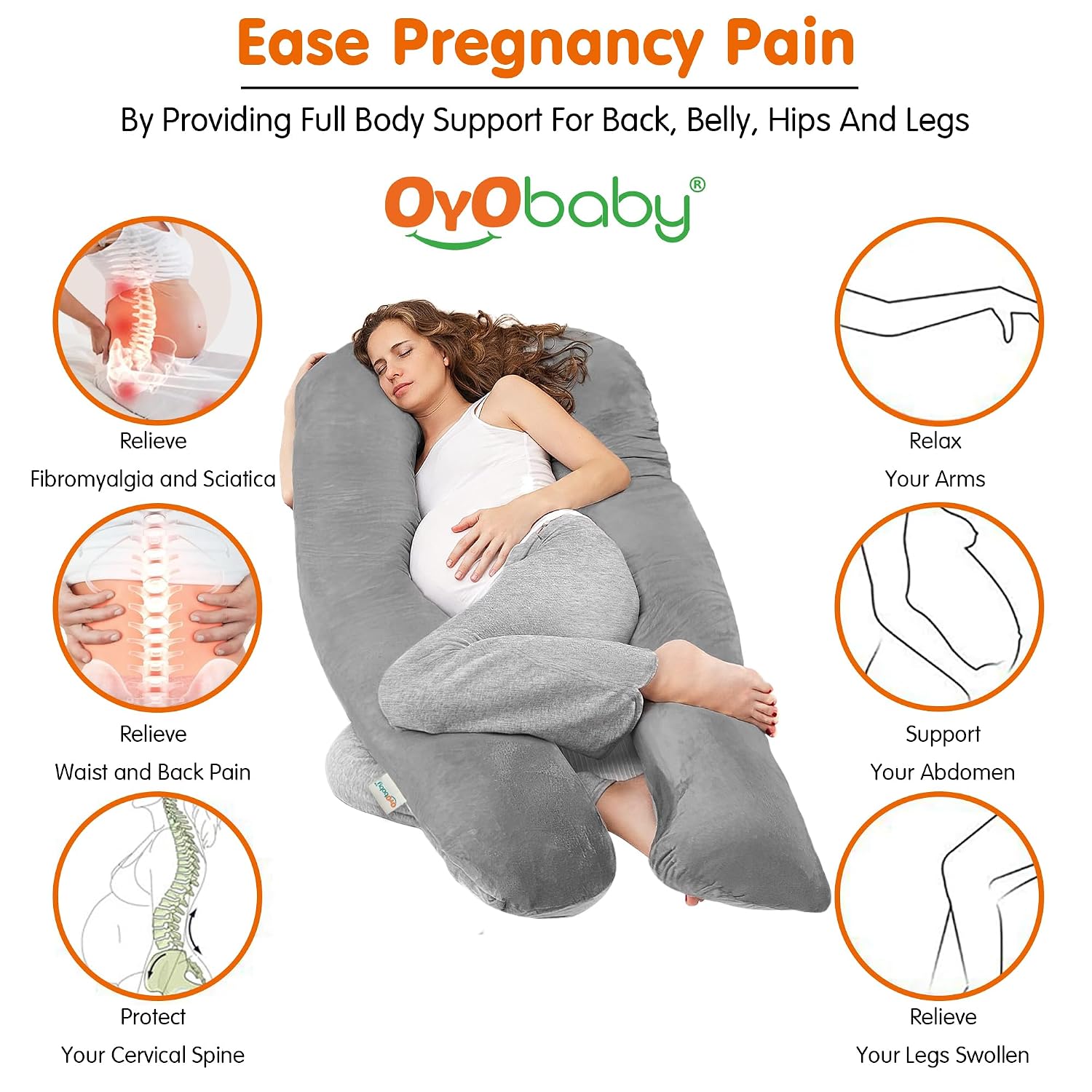 Pregnancy Pillows For Sleeping, J-Shape Full Body Support & Maternity Pillow, Grey | For Back, Hips, Legs, Belly For Pregnant Women With Removable, Washable Velvet Cover - Soft Pillow