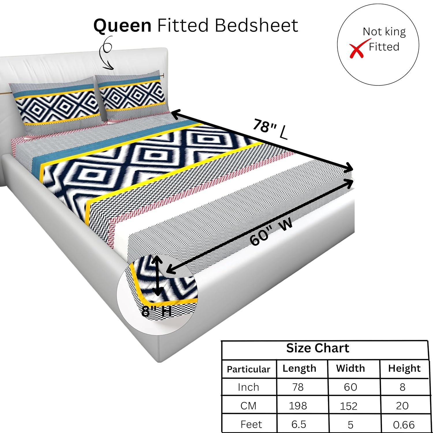 Printed Bedsheet For Queen Size With 2 Pillow Covers - 78 X 60 X 8 Inches, Multicolor | Luxurious Glace Cotton Super Soft | 210 Thread Count