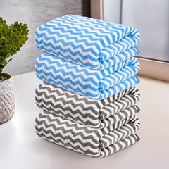 Kuber Industries Microfiber Soft Face Towel 800 Gsm | Absorbent Hanging Hand Towels For Wash Basin Bathroom | Zig Zag - Grey & Blue (4 Pcs)