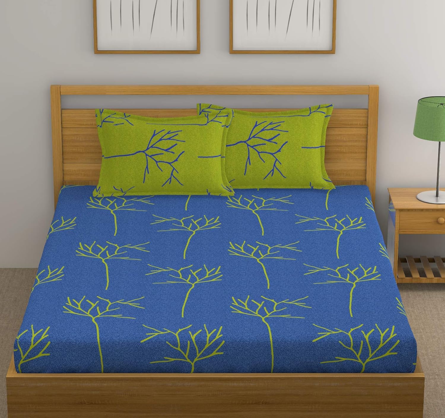 Queen Size For Bedsheet With 2 Pillow Covers - 88 X 96 Inches, Blue & Green | Soft & Comfortable Sleep Experience | Machine Wash In Cold Water