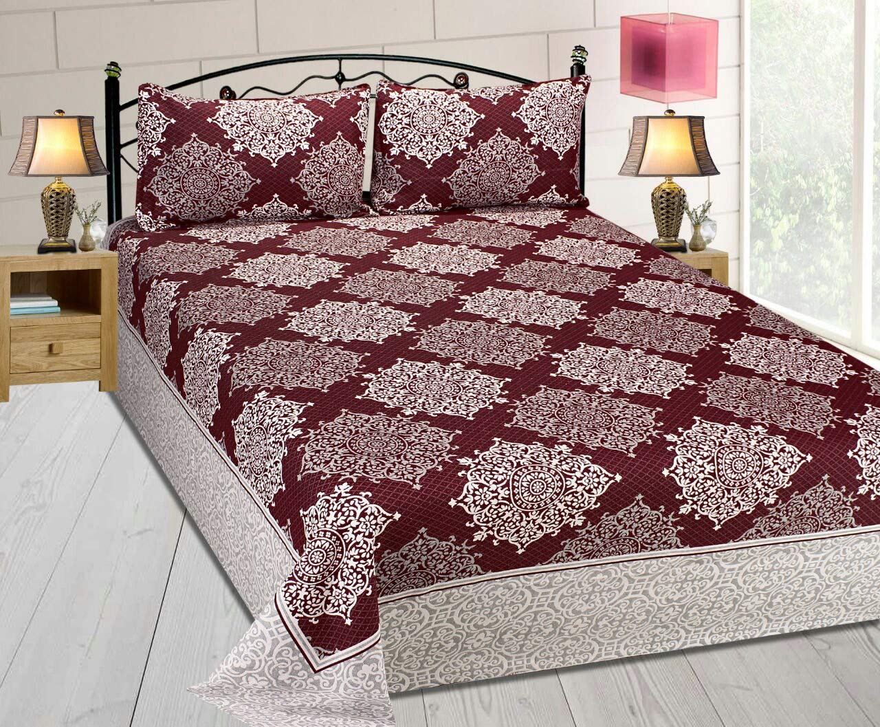 Double Bedsheet With 2 Pillow Cover - Size 90 X 100 Inches, Maroon | Designer Printed Bedsheet Set - Naturally Soft, Breathable, & Skin Friendly