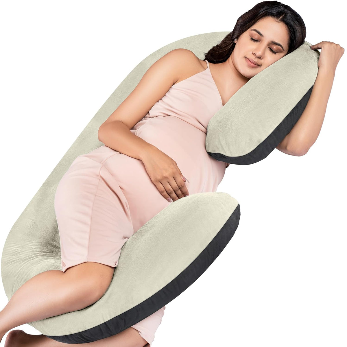 Full Body C Shape Pregnancy Pillow For Women, Maternity Pillow, Black & Cream | Pillow Gift For Pregnancy Sleeping, Premium Velvet Cover With Zip | Adjustable, Relieves Pain, Multipurpose