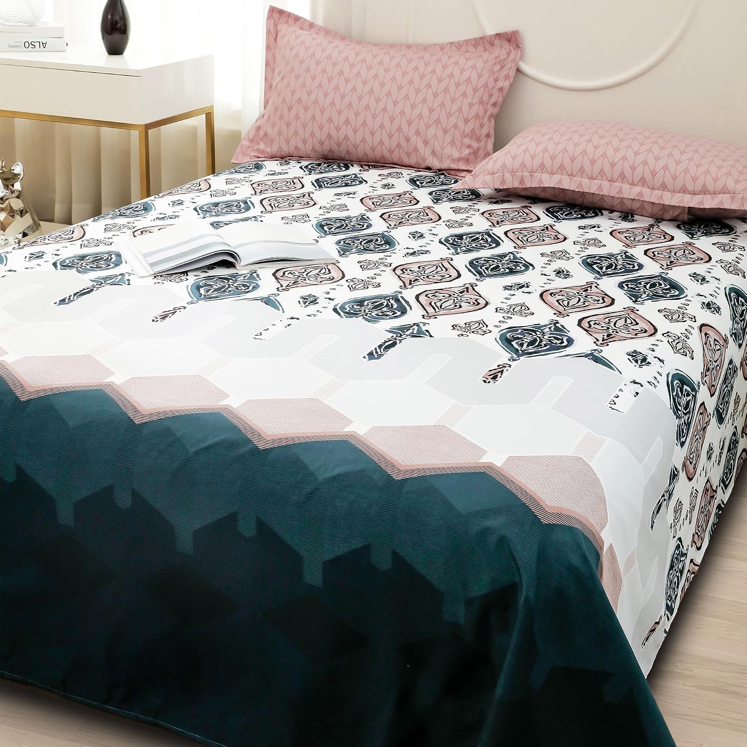 Bedsheets For Double Bed With 2 Pillow Cover - 92 X 98 Inches, White & Peach | Satin Finish Microfiber Queen Size Bedsheet | Skin Friendly & Breathable Fabric