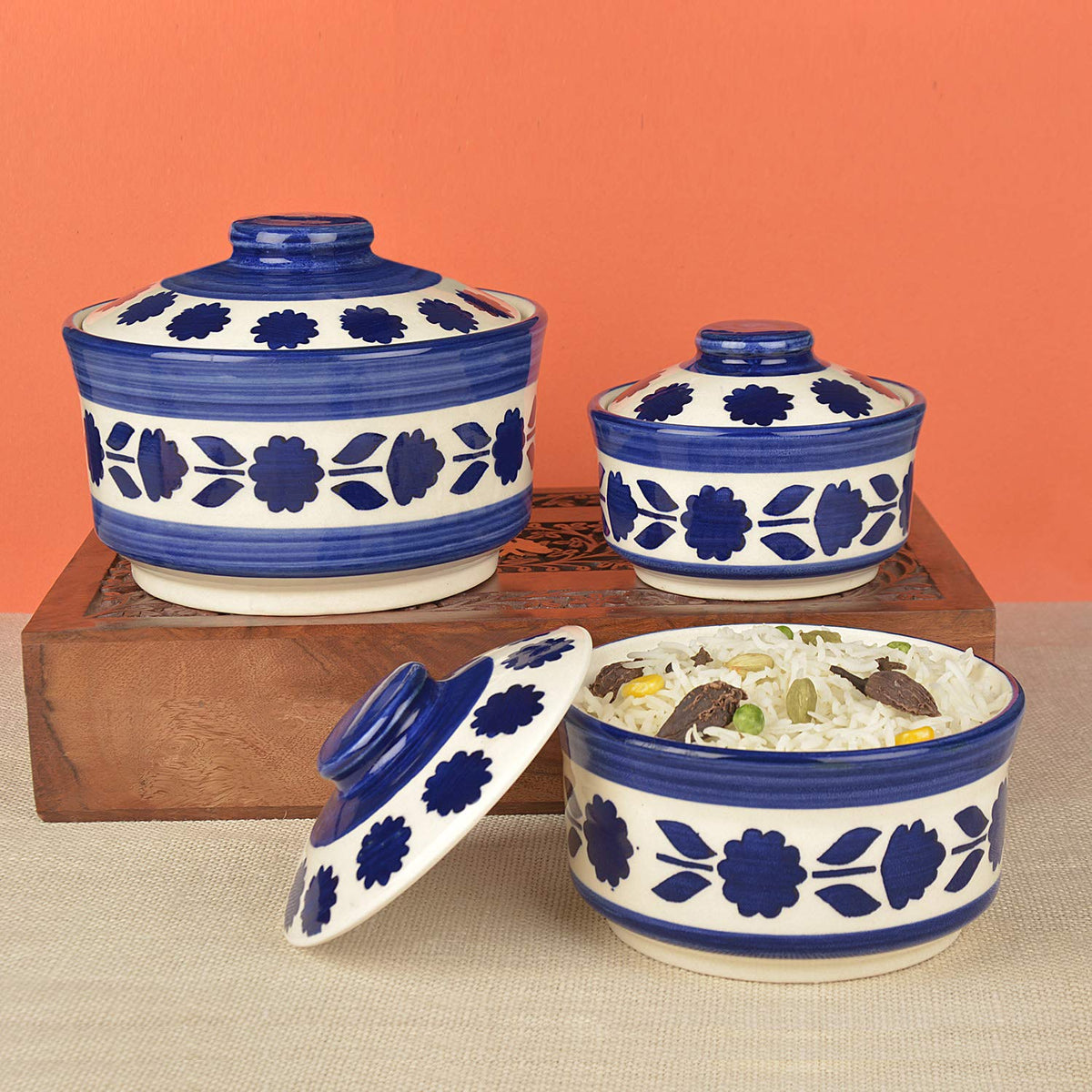 Studio Pottery Hand Painted Ceramic Serving Donga With Lid Casserole Set Of 3 - 900ml, 500ml & 300ml, White & Blue | Dinner Serving Set - Stackable Kitchen Bowl Set