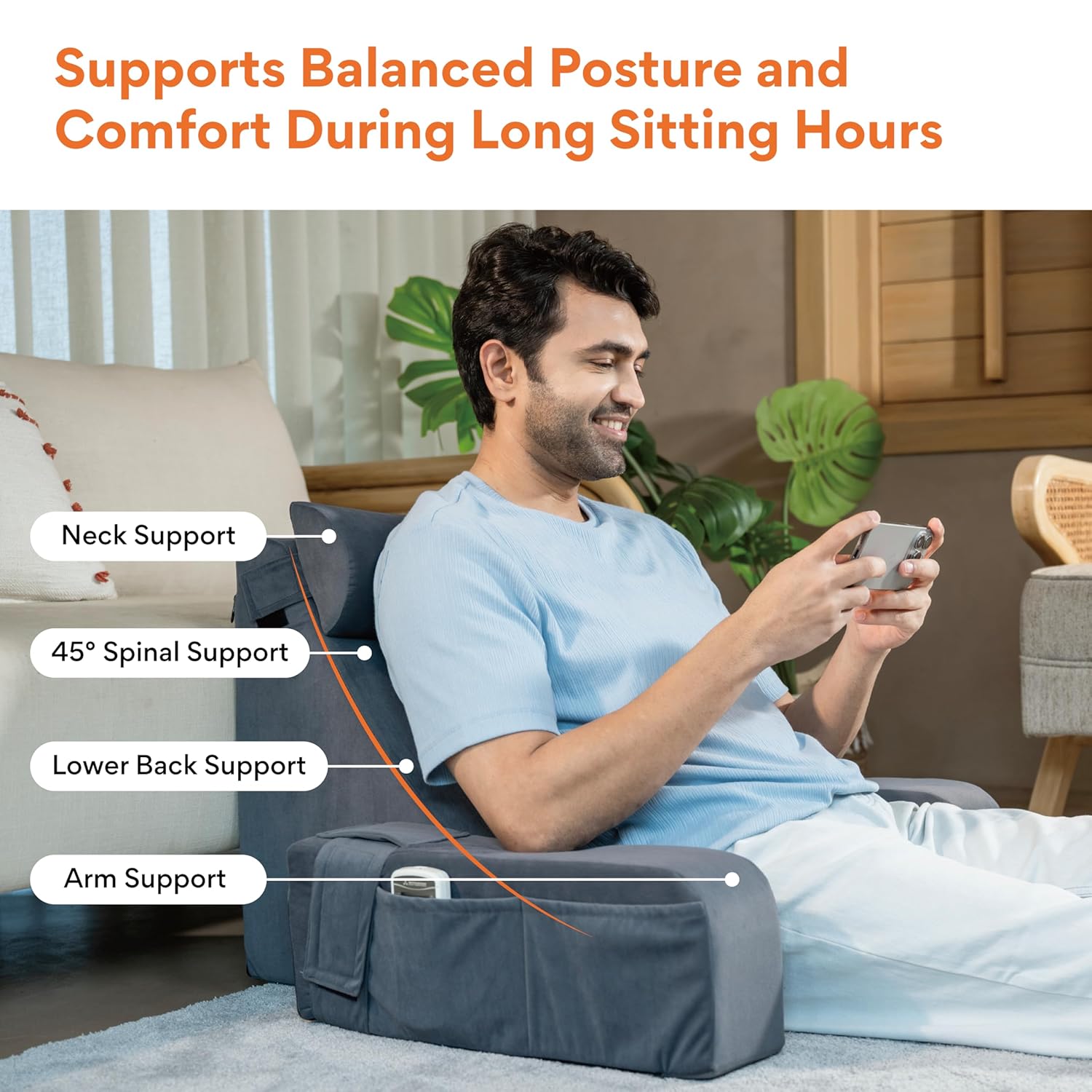 Reading Pillow With Arm Support & Headrest, Backrest Pillow For Bed, Grey | High-Resilience Foam Bed Back Support Pillow For Reading, Working & Relaxing | Removable Velvet Cover