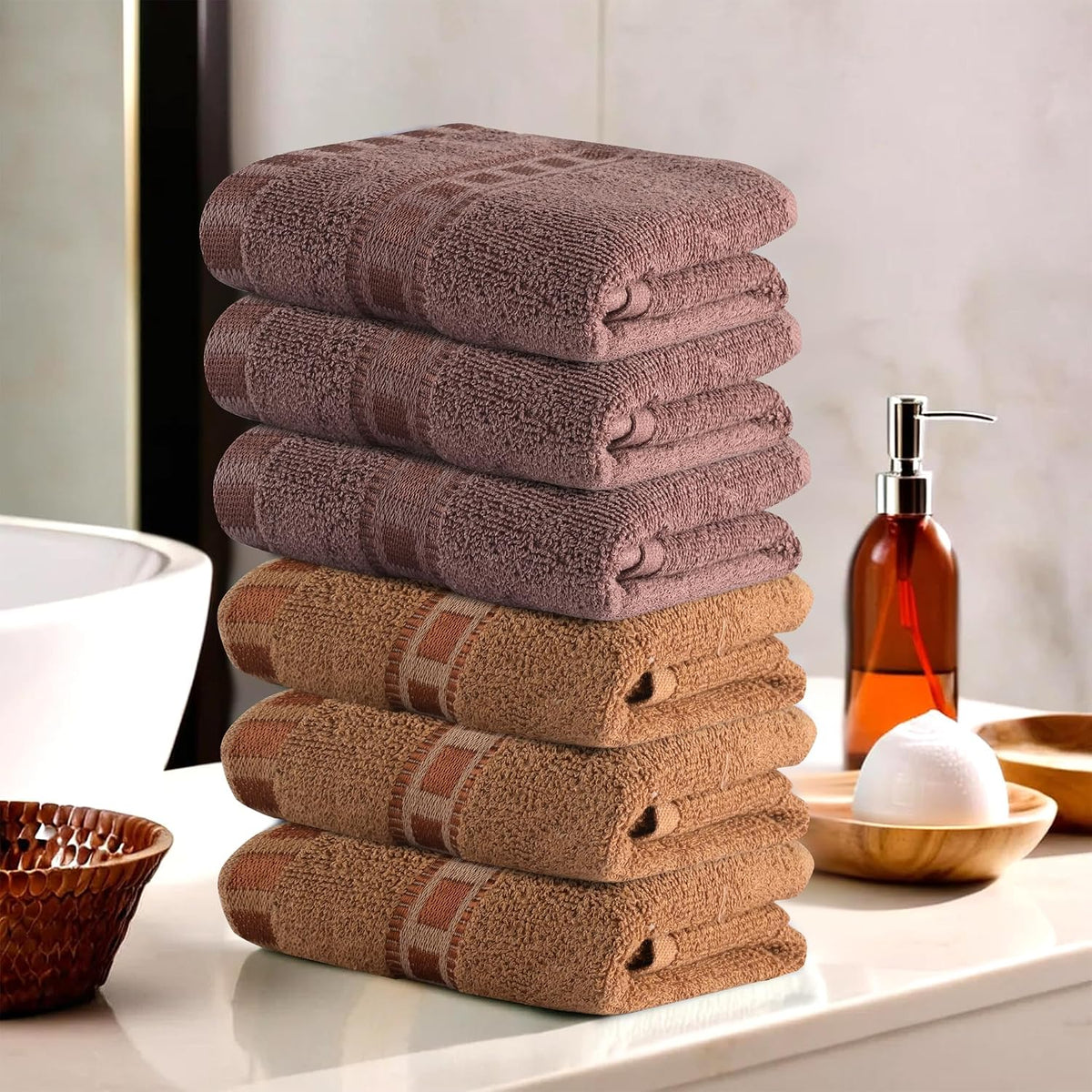 Heart Home Cotton Hand & Face Towels 1200 Gsm | For Men & Women Easily Washable Workout Gym Towel - Golden & Brown (Pack Of 6)