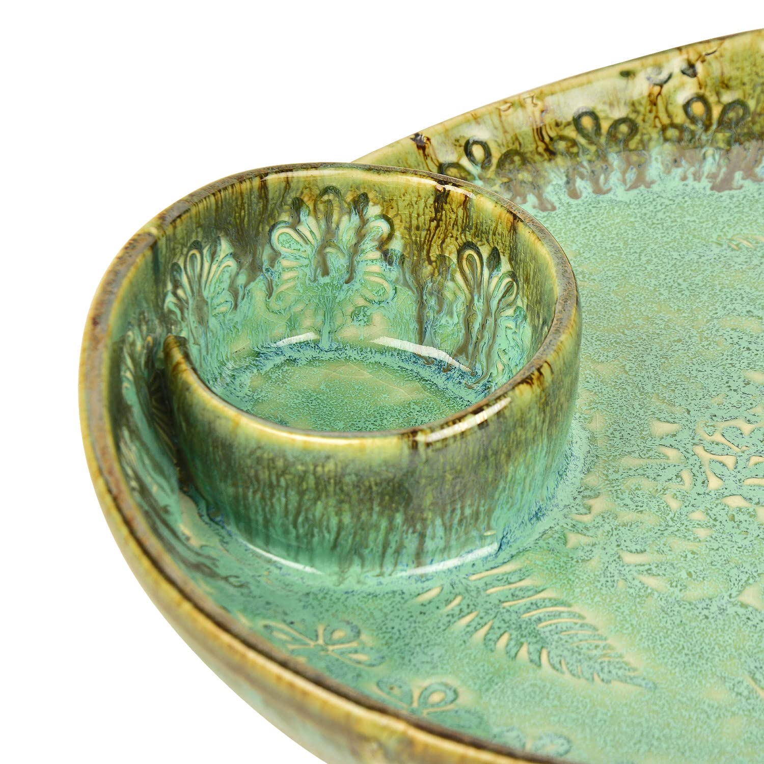 Luxurious Hand Embossed Ceramic Chip & Dip Platter With Fixed Dip Bowl - Turquoise Green, 11 Inches, 1300 Gm | Starter Serving Platter - Kebab Platter