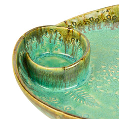 Luxurious Hand Embossed Ceramic Chip & Dip Platter With Fixed Dip Bowl - Turquoise Green, 11 Inches, 1300 Gm | Starter Serving Platter - Kebab Platter