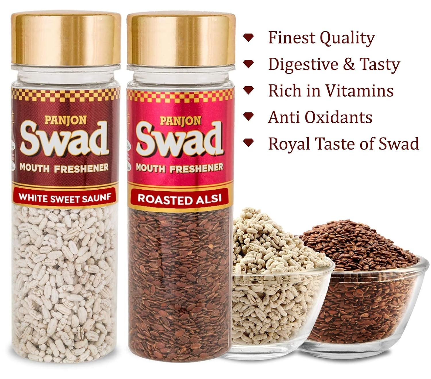Panjon Swad White Sweet Saunf & Roasted Alsi Mouth Fresheners 230gm, (115gm *2 Bottles)