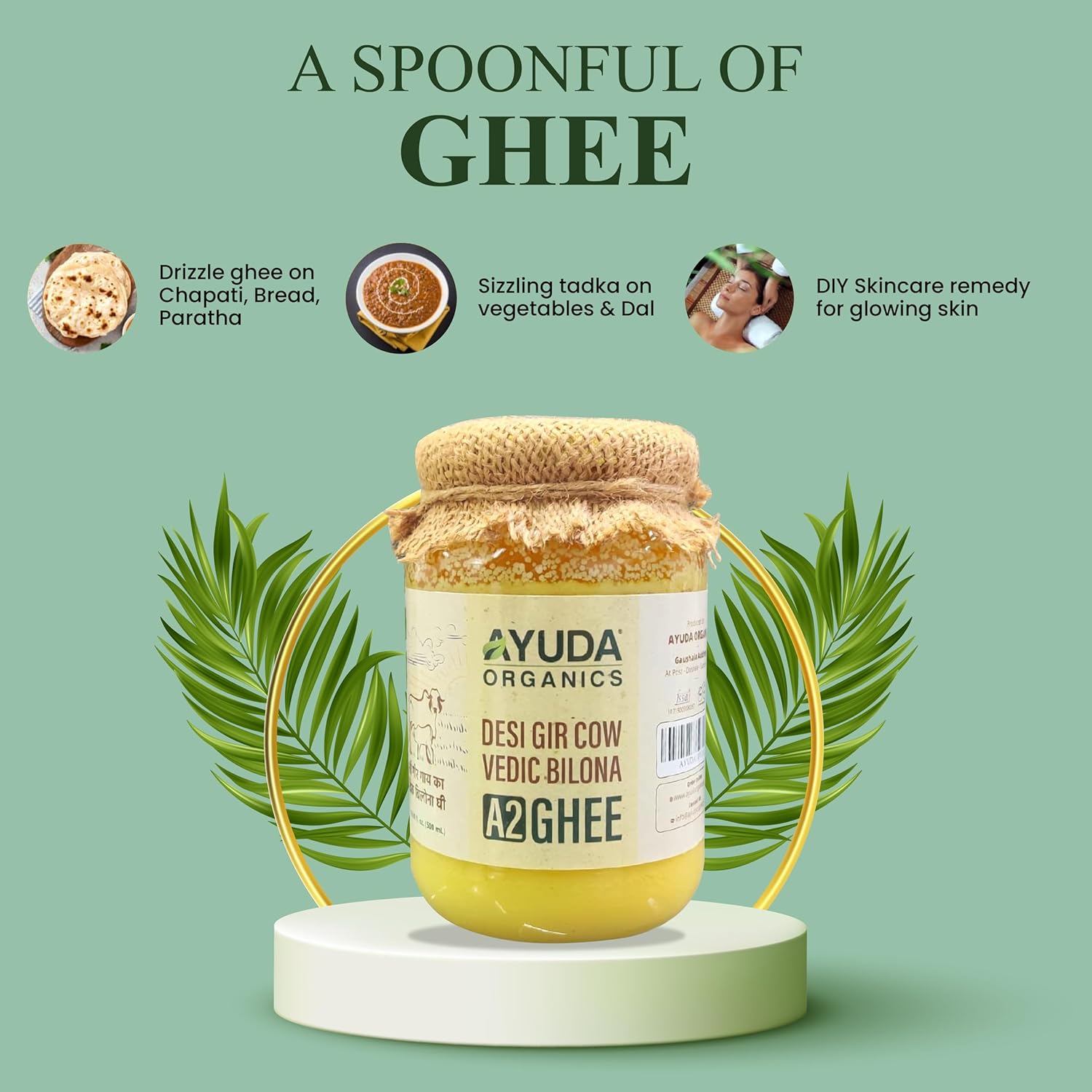 100% Natural A2 Desi Cow Ghee By Ayuda | Traditional Homemade Curd Churned Healthy Pure Desi Ghee Good For Boost Immunity | (1 Litr) 33.8 Ounce | Jar Pack