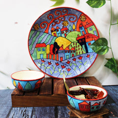 Exotic Panorama Hand Painted Ceramic Dinner Set - 3 Pieces, Multicolor | 1 Dinner Plate + 2 Katori Bowls, 180ml Each Dinnerware Set | Serving For 1, Microwave Safe & Dishwasher Safe