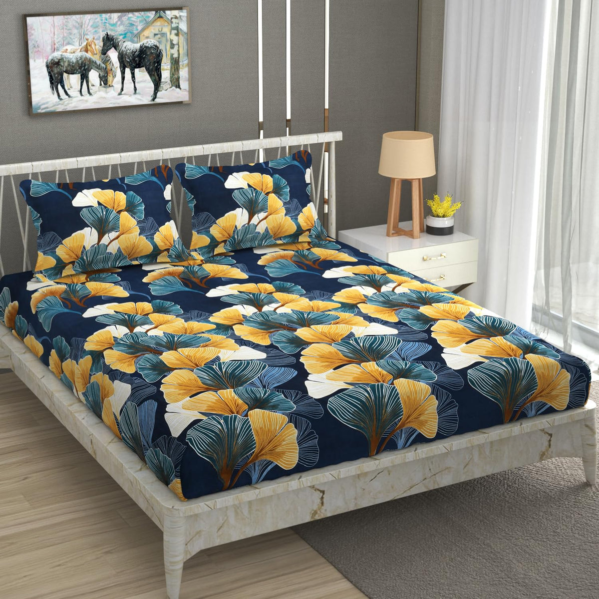 Cotton Elastic Fitted Bedsheets With 2 King Size Pillow Covers - 72 X 78 X 10 Inches, Multicolor | Double Bed With All Around Elastic 350 Thread Count