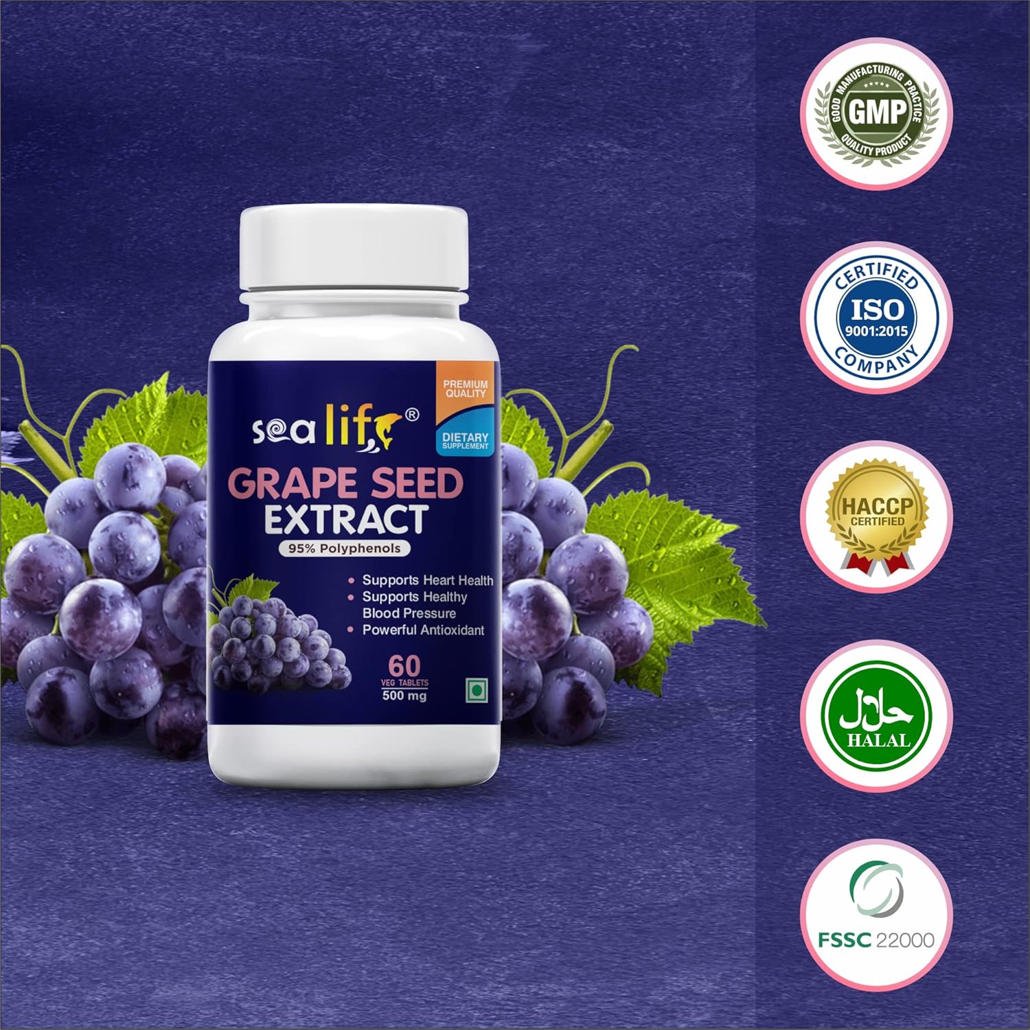 Sea Life Grape Seed Extract 500mg Antioxidant Supplement Strengthens Immunity, Helps Fight Infections, Promotes Healthy Skin And Hair For Women & Men | 60 Tablets 100gm 0.2lbs