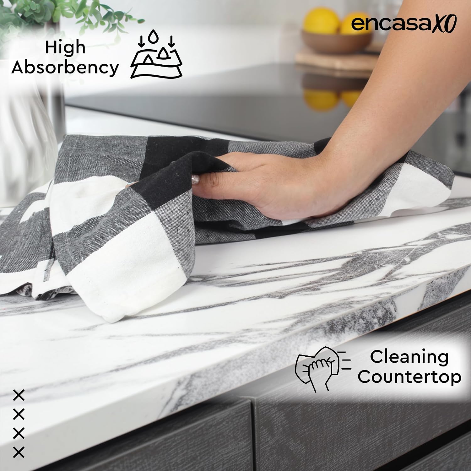 Encasa Xo Kitchen Cooking Cloth 340 Gsm | Cotton Hand Towel For Drying Dishes Highly Absorbent Cleaning & Quick Drying Of Plates | Buffalo Black Checks (Set Of 4)