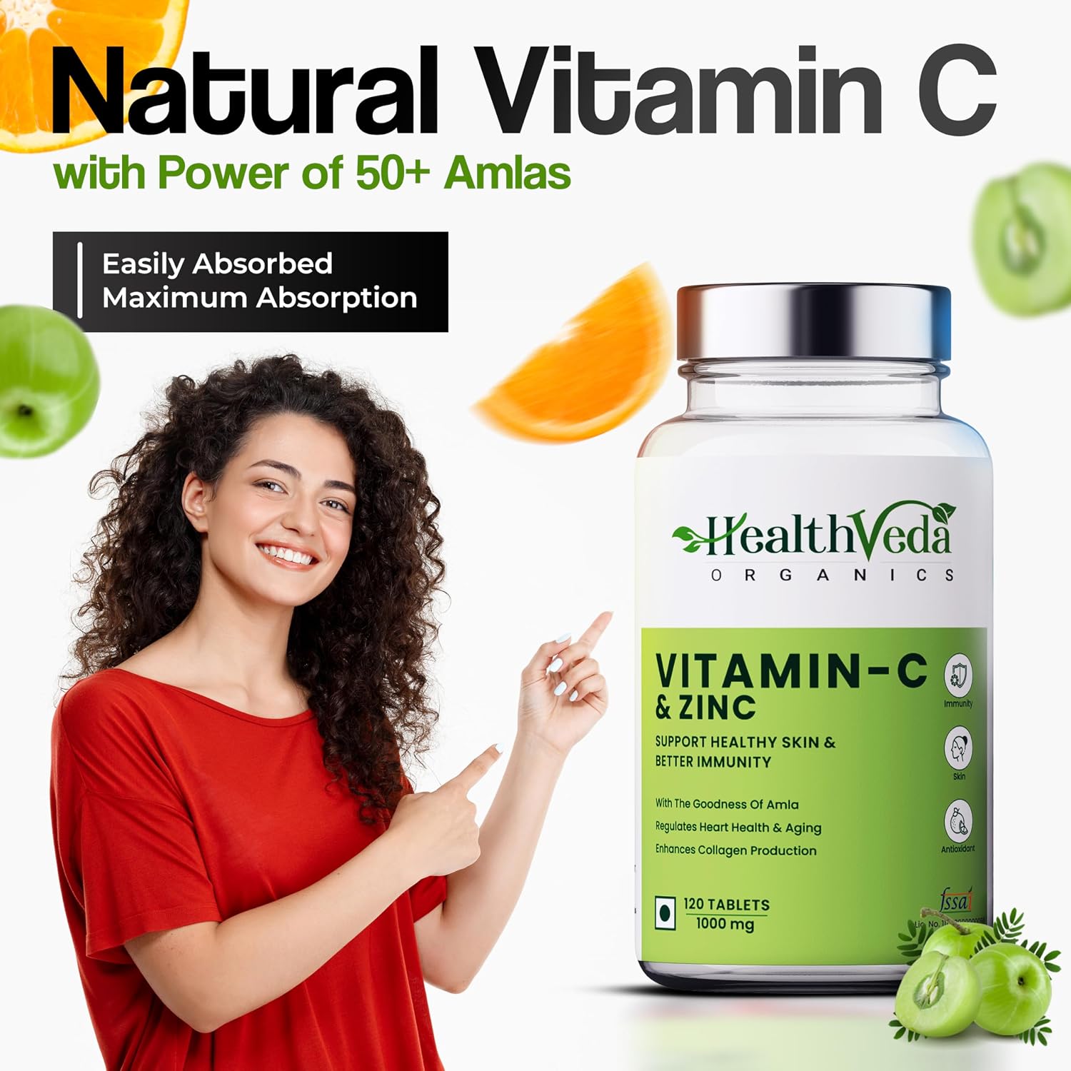 Health Veda Organics Private Limited Natural Vitamin C 1000 Mg I Boosts Immunity, Antioxidant & Skin Care For Both Men & Women | 120 Tablets , 200gm 0.4lbs