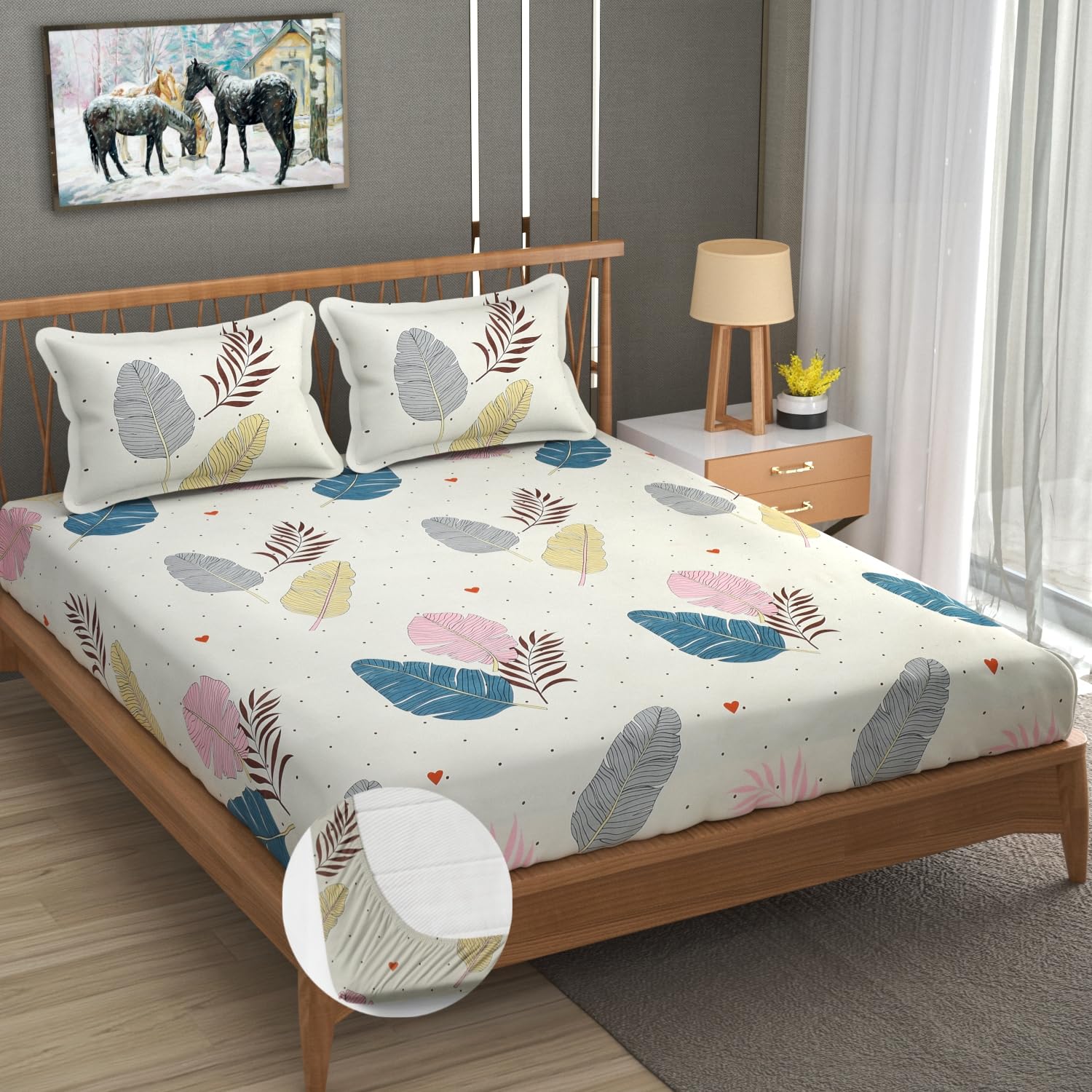 Premium Heavy Cotton Elastic Fitted King Size Bedsheet With 2 Pillow Covers - 72 X 78 X 10 Inches, Cream | All Weather Comfort & Bedroom - Softness & Natural Breathability