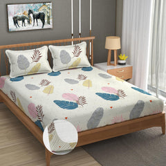 Premium Heavy Cotton Elastic Fitted King Size Bedsheet With 2 Pillow Covers - 72 X 78 X 10 Inches, Cream | All Weather Comfort & Bedroom - Softness & Natural Breathability