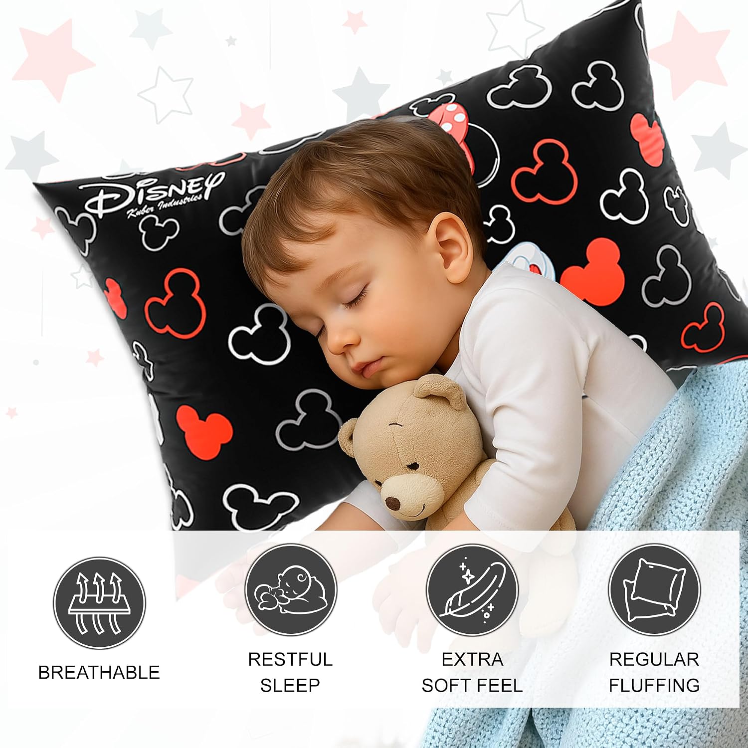Microfiber Pillows For Bed, Soft Pillow For Sleeping, Disney Print - Black - 16 X 24 Inch | Washable & Neck Support Pillows | For Sleeping Bedroom & Living Room, Suitable For All Sleepers
