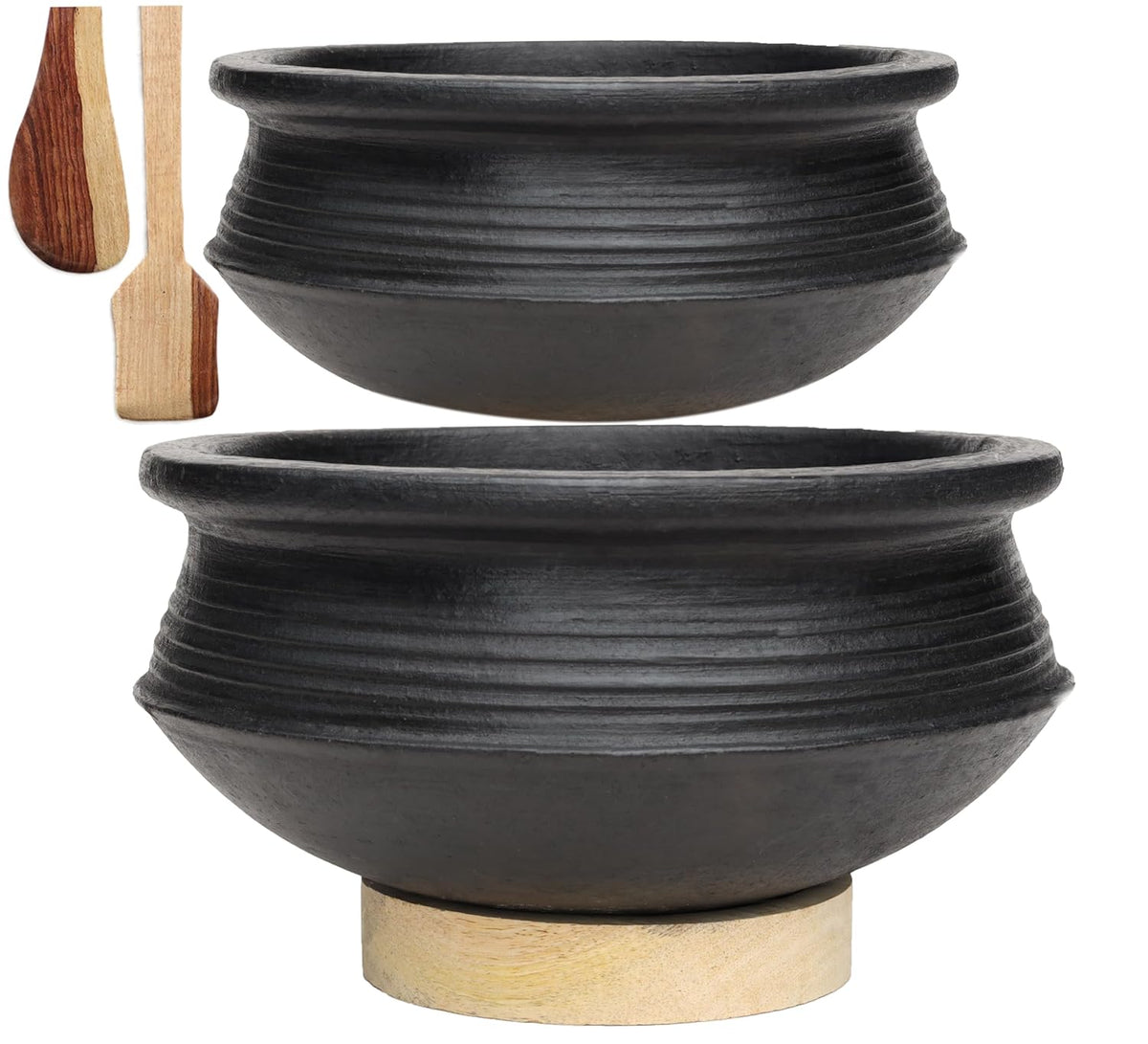 Deep Burned Uncoated Clay Pot Or Mitti Handi Combo With 2 Wooden Spatulas Complimentary Pack Of 2 - Black, 1 + 2 Liters | Pre-Seasoned Mud Pot - Unglazed, Double Fired, Hand Crafted