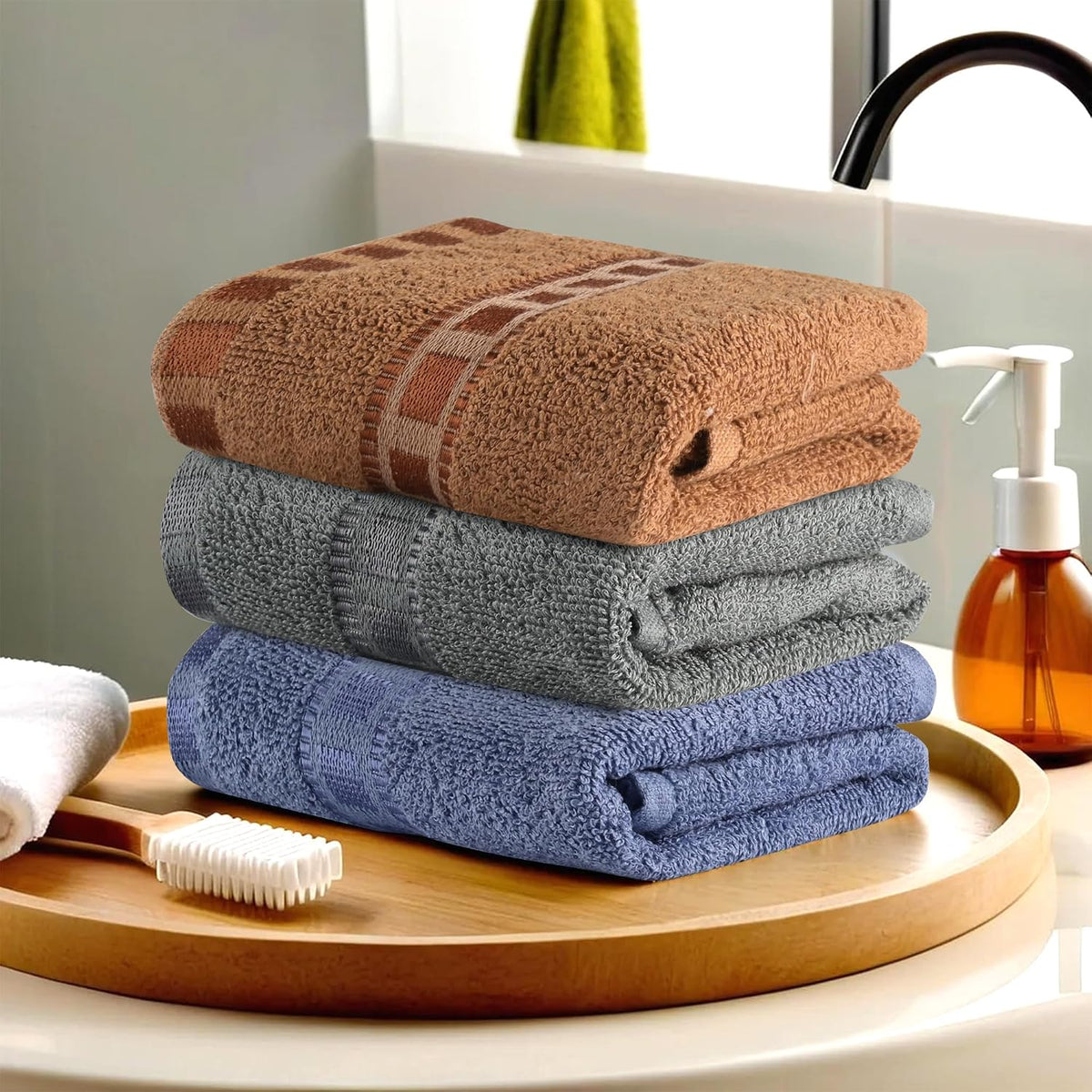 Heart Home Cotton Hand & Face Towels 600 Gsm | For Men & Women Easily Washable Workout Gym Towel - Dark Blue, Grey & Golden (Pack Of 3)