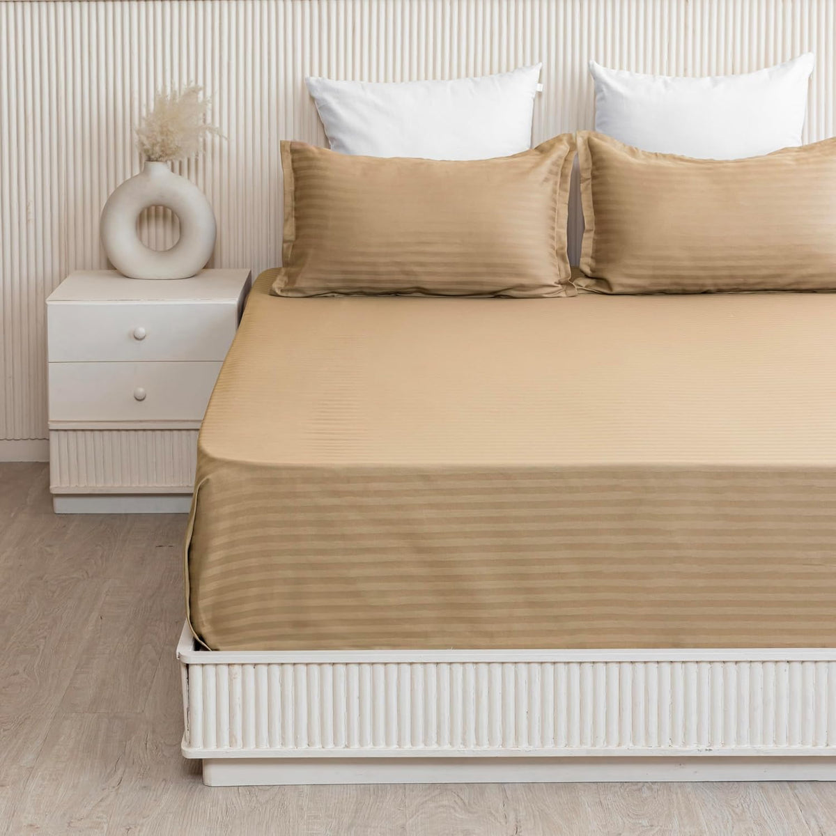 Luxurious Satin Stripe Soft Flat Bedsheets 2 Pillow Covers, Double Size - 84 X 90 Inches, Taupe | Good For Home, Hotel, Villa, Resort & Guest House