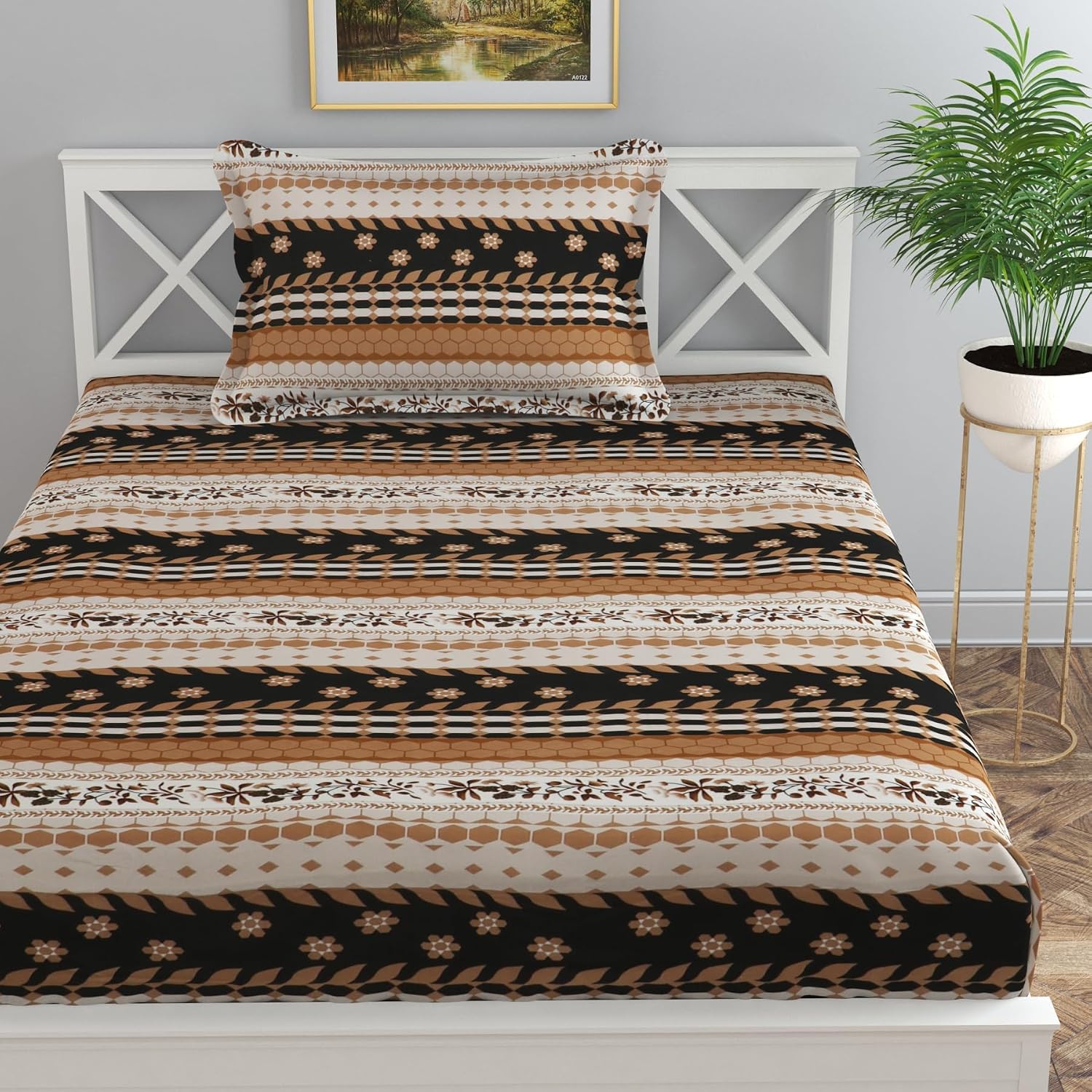 Comfortable Floral Single Bedsheet With 1 Pillow Covers - 61 X 89 Inches, Brown | Lightweight, Washable & Fade-Resistant Bedsheet Designed For Daily Use