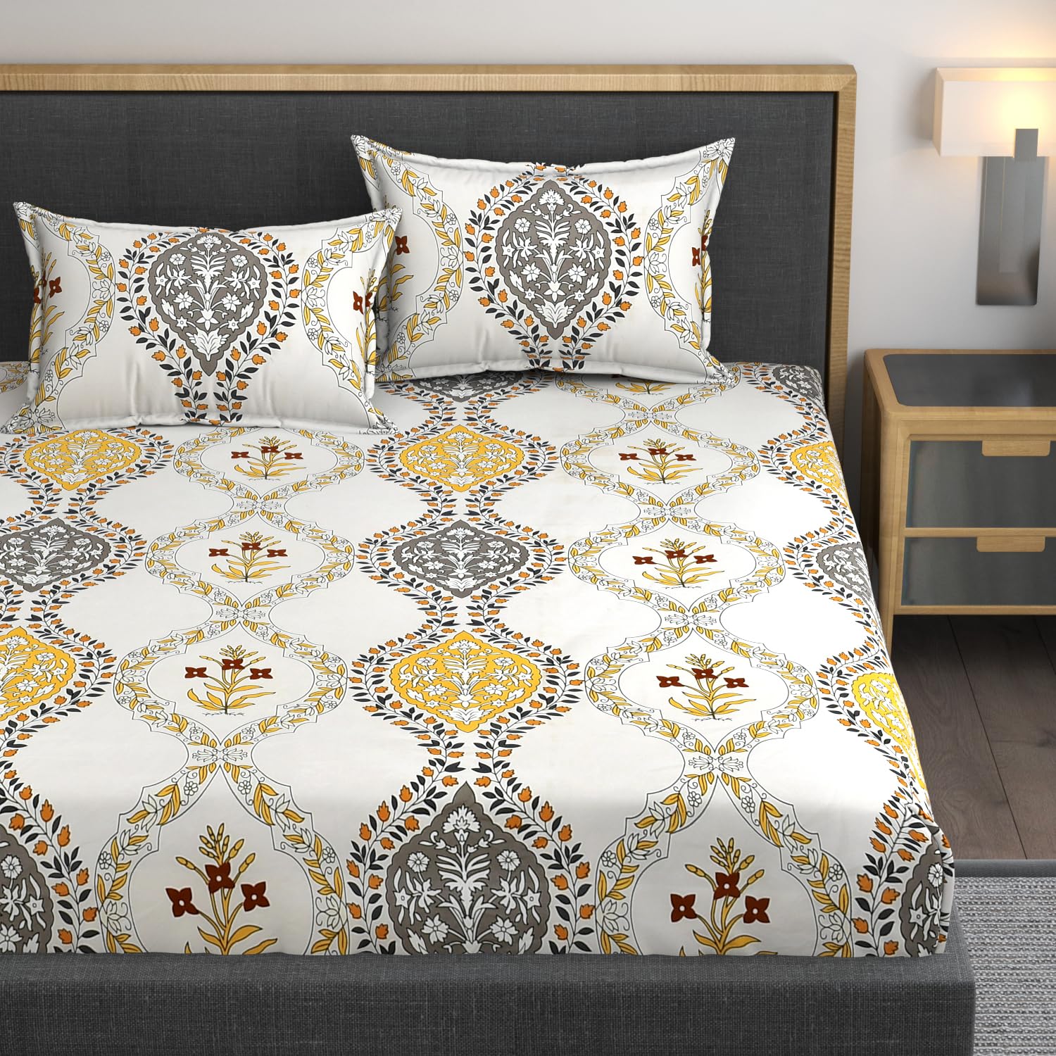 Cotton Bedsheets Feel Glace All Around Elastic Fitted King Size Bedsheets With 2 Pillow Covers - 78 X 72 X 10 Inches, Yellow | Premium Super Soft Bedsheet King Size