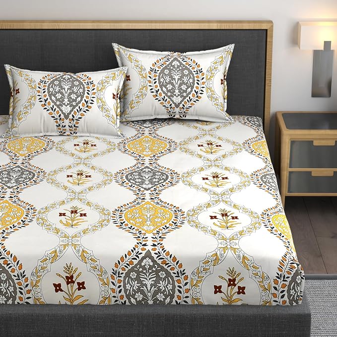 Cotton Bedsheets All Around Elastic Fitted Single Bedsheet With1 Pillow Cover - Size 48x78 Inches, Yellow | Premium Super Soft Fitted Single Bedsheet